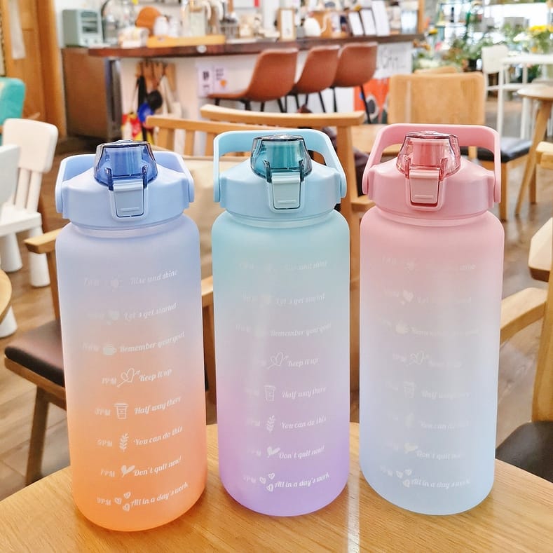 2 Liter Water Bottle with Straw Female Girls Large Portable Travel Bottles Sports Fitness Cup Summer Cold Water with Time Scale