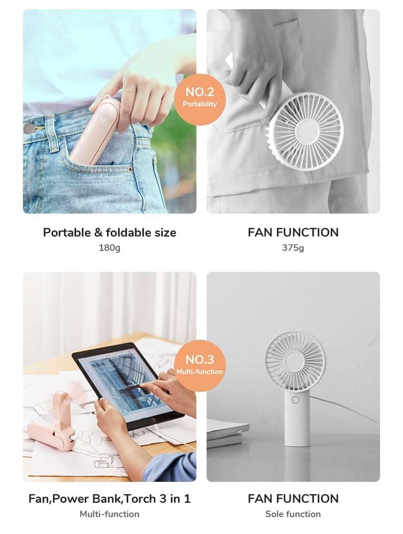 JISULIFE USB Mini Fan Portable Handheld Electric Fan Rechargeable Quiet Pocket Cooling Hand ventilador with Light Office Outdoor