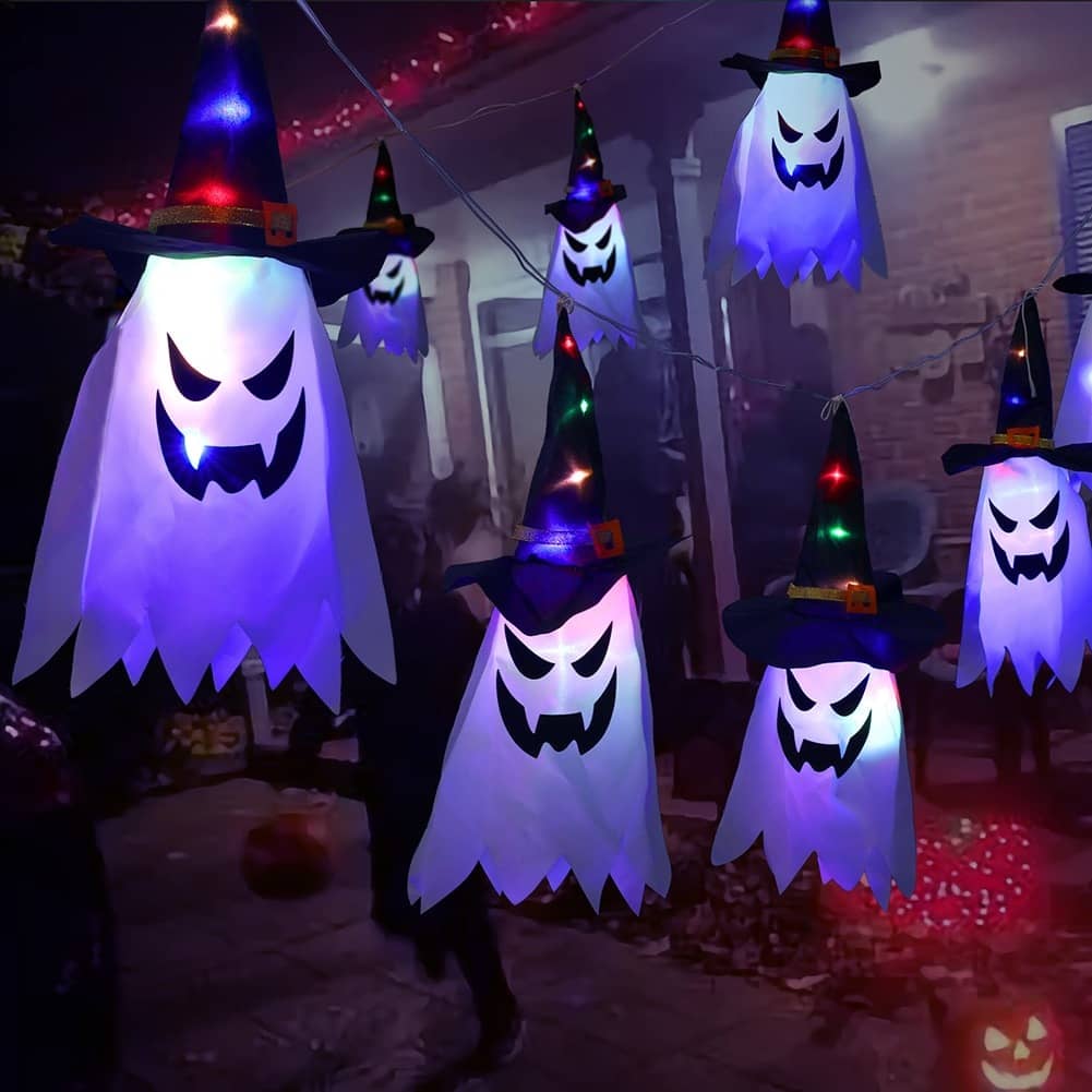 LED Halloween Decoration Flashing Light Gypsophila Ghost Festival Dress Up Glowing Wizard Ghost Hat Lamp Decor Hanging Lantern