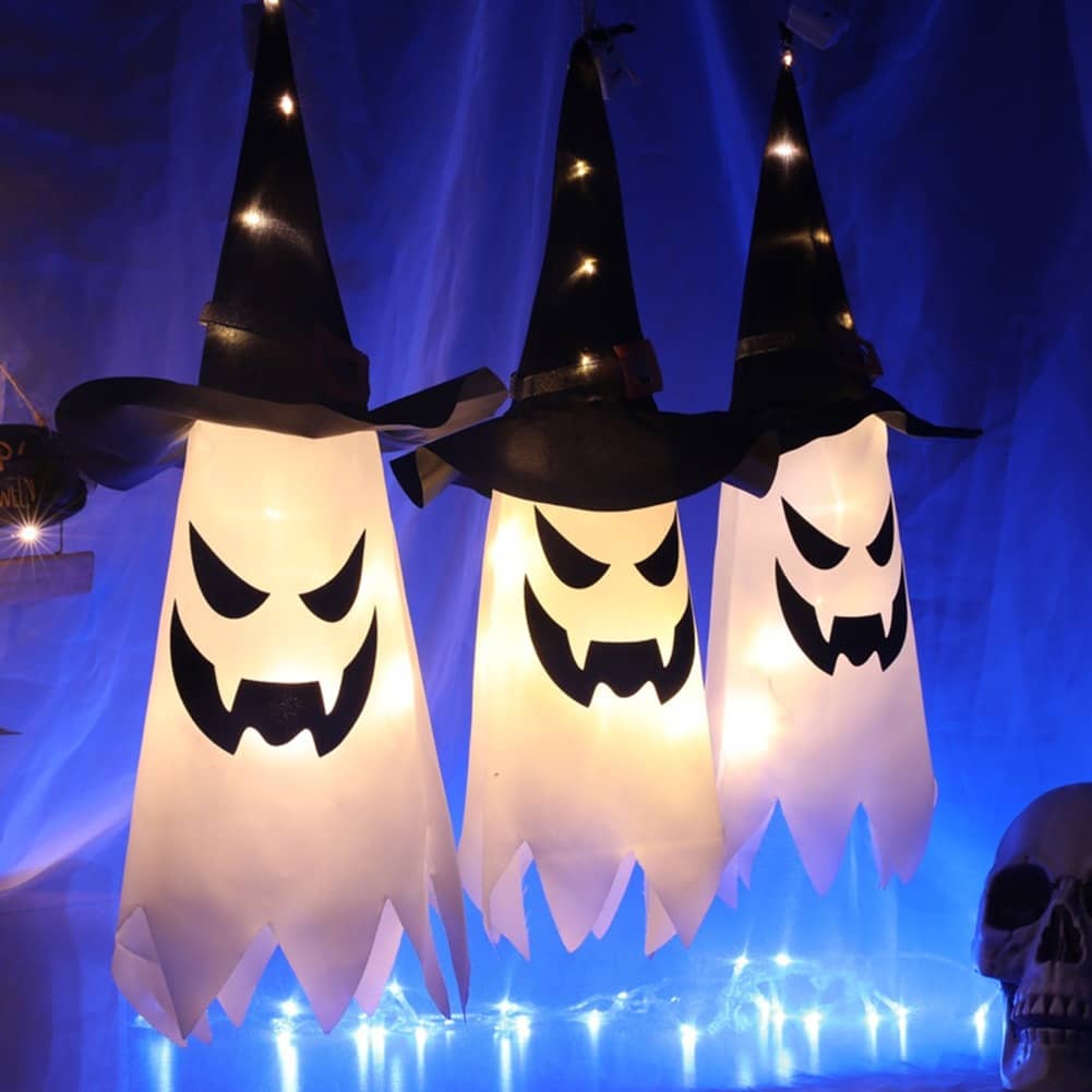 LED Halloween Decoration Flashing Light Gypsophila Ghost Festival Dress Up Glowing Wizard Ghost Hat Lamp Decor Hanging Lantern