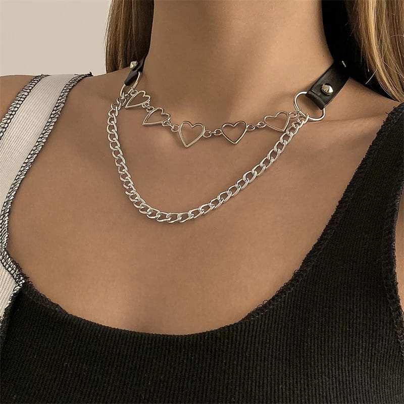 Kpop Vintage Harajuku Goth Metal Heart Neck Chains Choker Grunge Necklaces For Women Egirl Cosplay Aesthetic Accessories Jewelry
