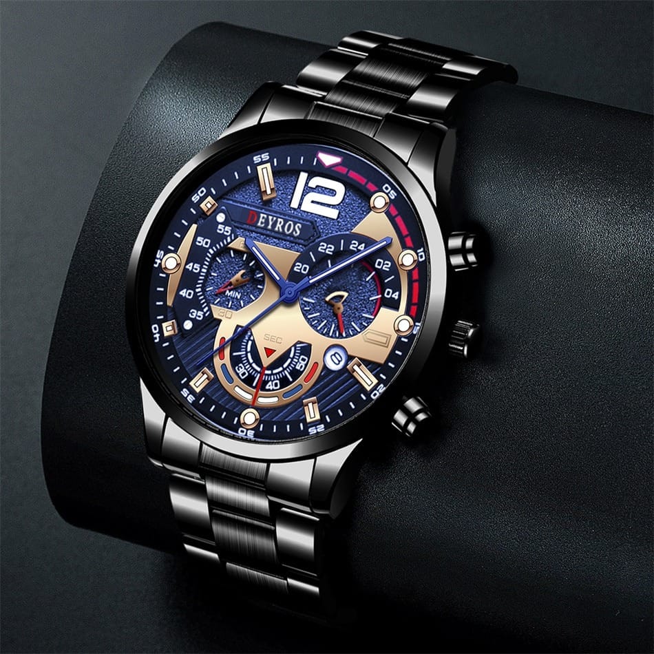 2023 Fashion Men's Black Stainless Steel Watches Luxury Quartz Wristwatch Calendar Luminous Clock Men Business Casual Watch