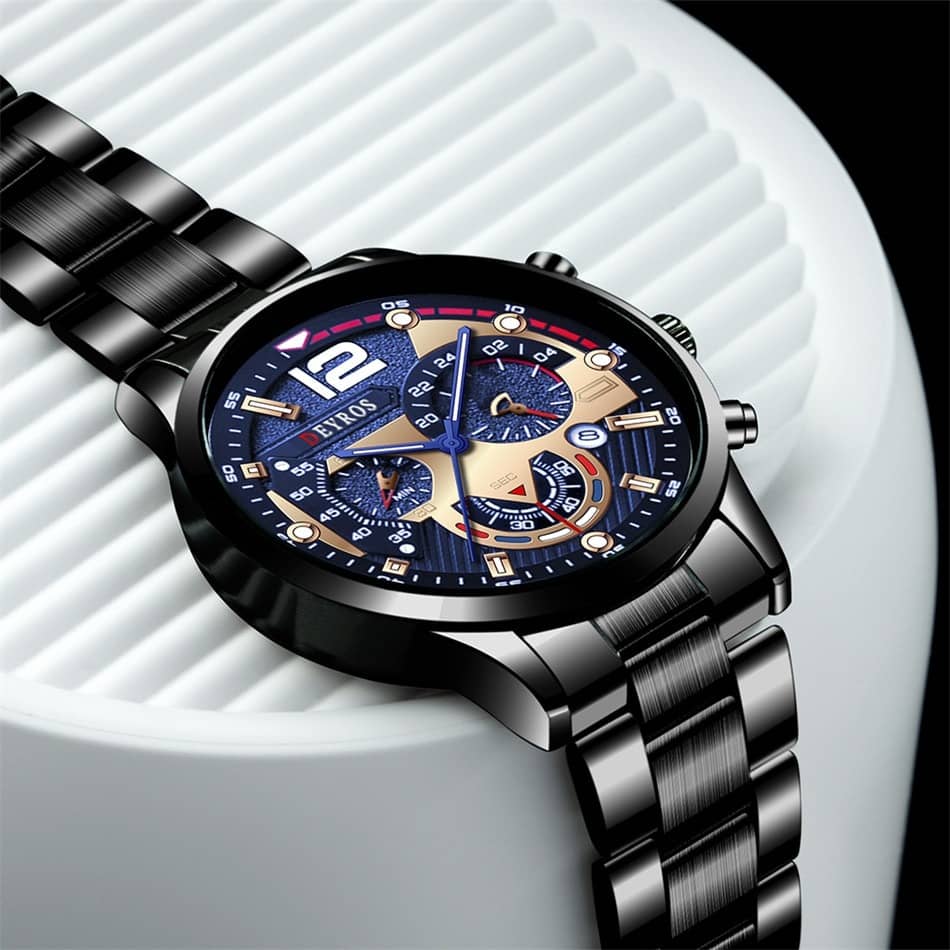 2023 Fashion Men's Black Stainless Steel Watches Luxury Quartz Wristwatch Calendar Luminous Clock Men Business Casual Watch
