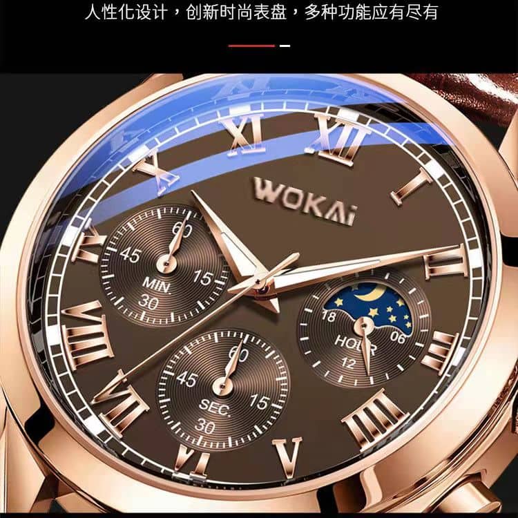 WOKAI high quality Rose Gold Men's Casual belt quartz watch Men's student three eyes Women's night light waterproof clock