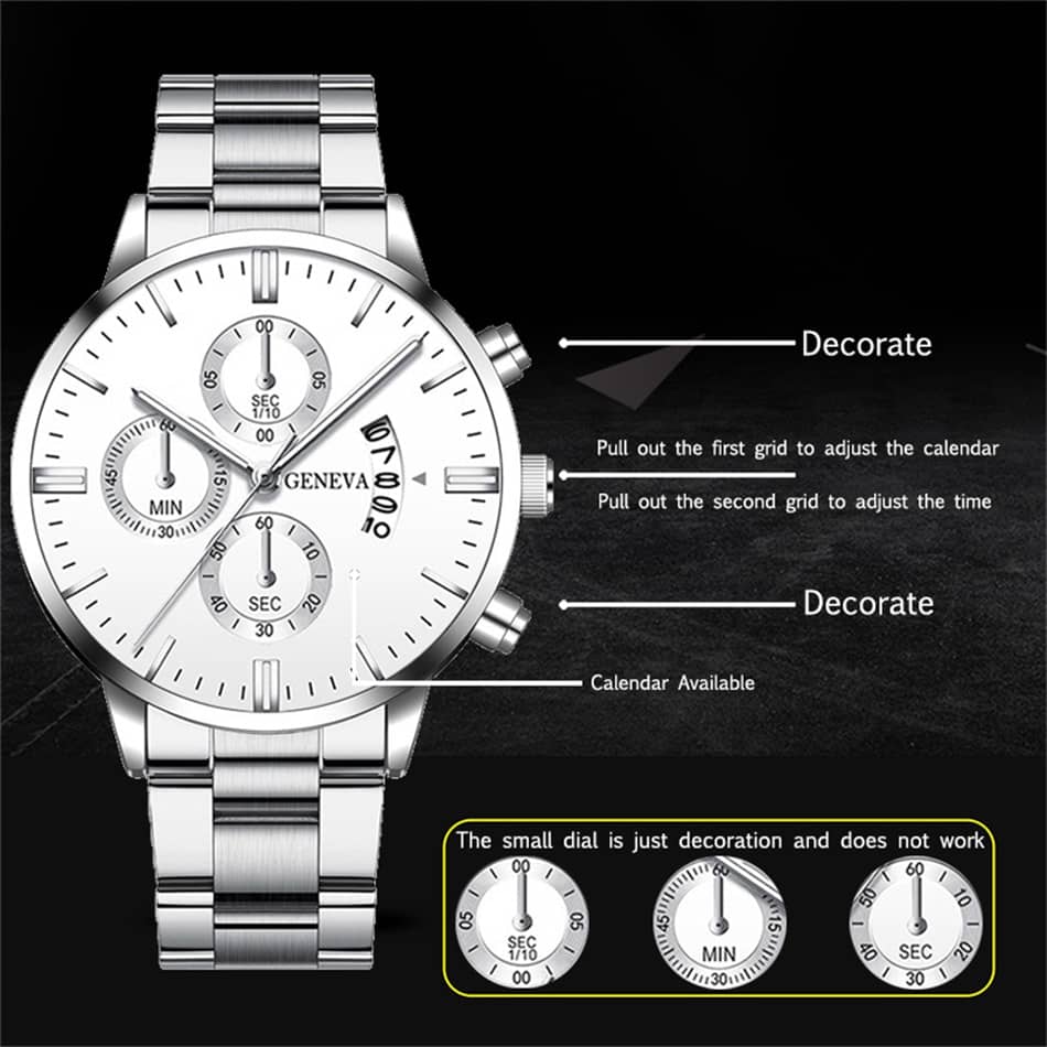 Fashion Mens Watches for MenLuxury Silver Stainless Steel Quartz Wrist Watch Man Business Calendar Watch