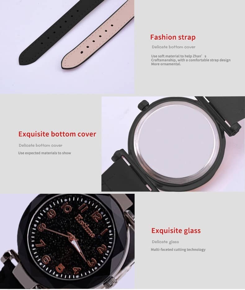 Black Starry Sky Bright Women's Watch Korean Rose Gold Quartz Watch Womens Watch Fashion Leather-Belt Watch