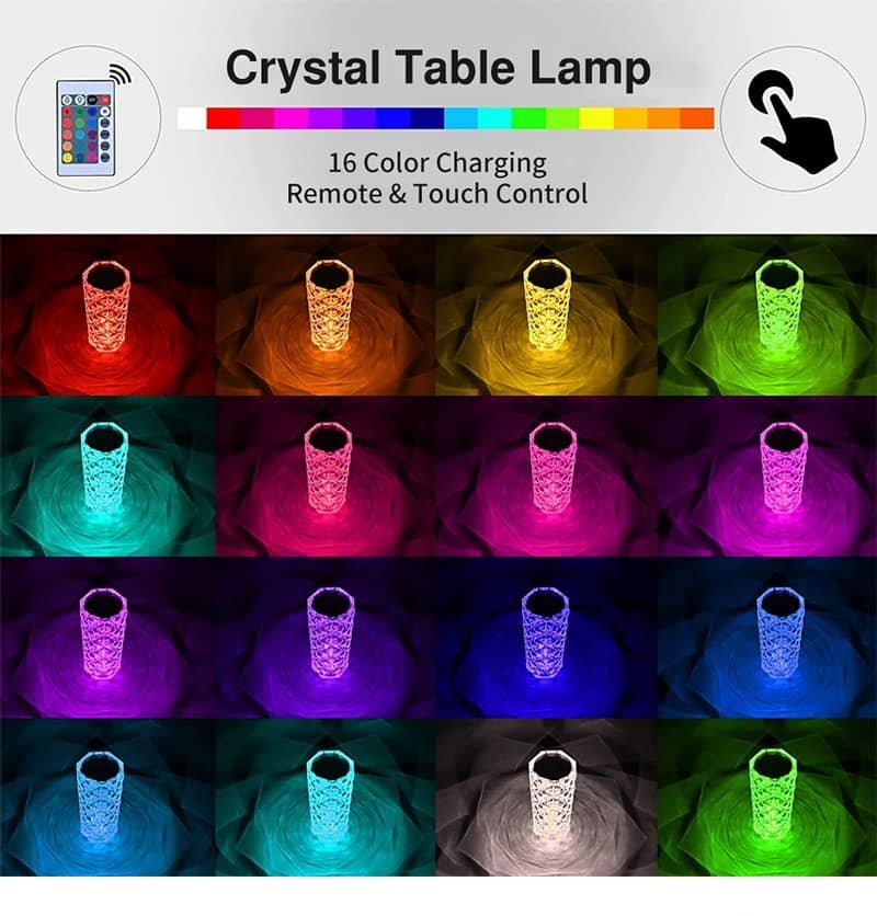 LED Crystal Table Lamp Rose Light Projector 3/16 Colors Touch Adjustable Romantic Diamond Atmosphere Light USB Touch Night Light