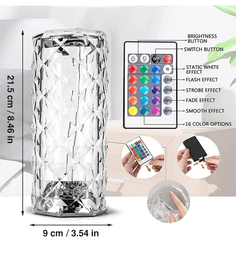 LED Crystal Table Lamp Rose Light Projector 3/16 Colors Touch Adjustable Romantic Diamond Atmosphere Light USB Touch Night Light