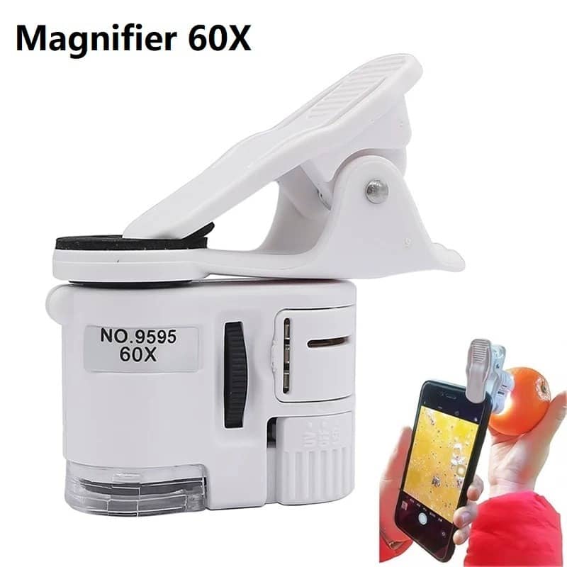 Universal Clip Microscope 60X LED Jewelry Magnifying Glass Focusing Adjusted Pocket Microscope with Cell Phone Clip UV Light