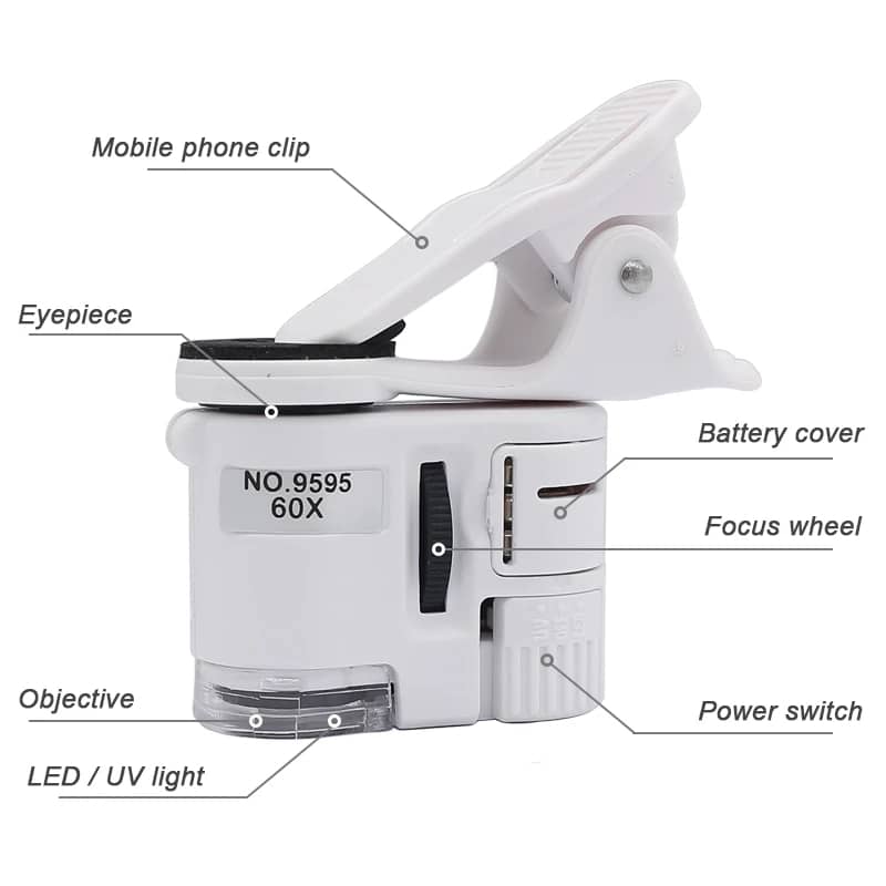 Universal Clip Microscope 60X LED Jewelry Magnifying Glass Focusing Adjusted Pocket Microscope with Cell Phone Clip UV Light
