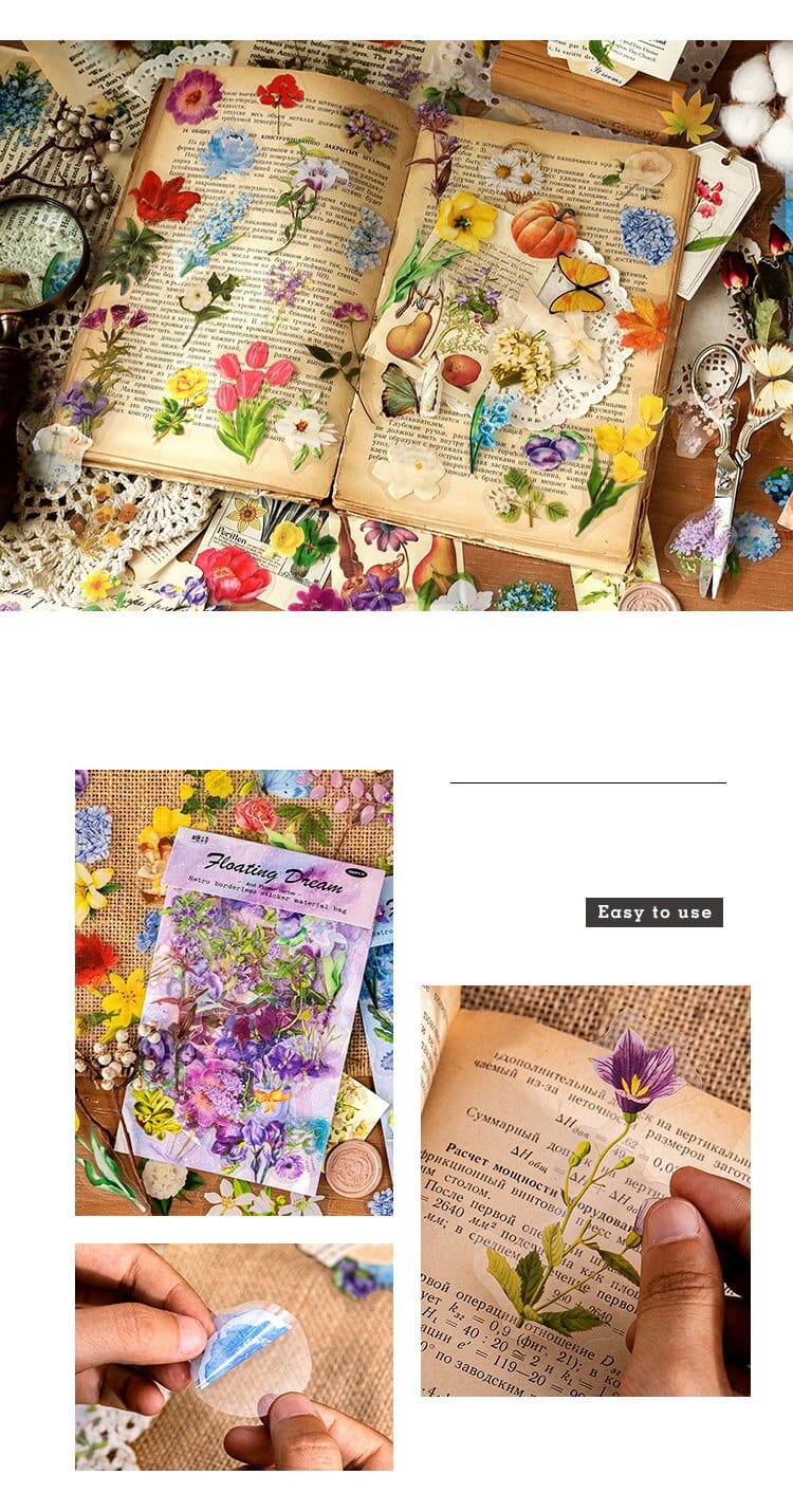 Mr.paper 6 Styles 100Pcs/Bag Vintage Botanical Stickers Aesthetic Flowers Hand Account Material Decorative Stationery Sticker
