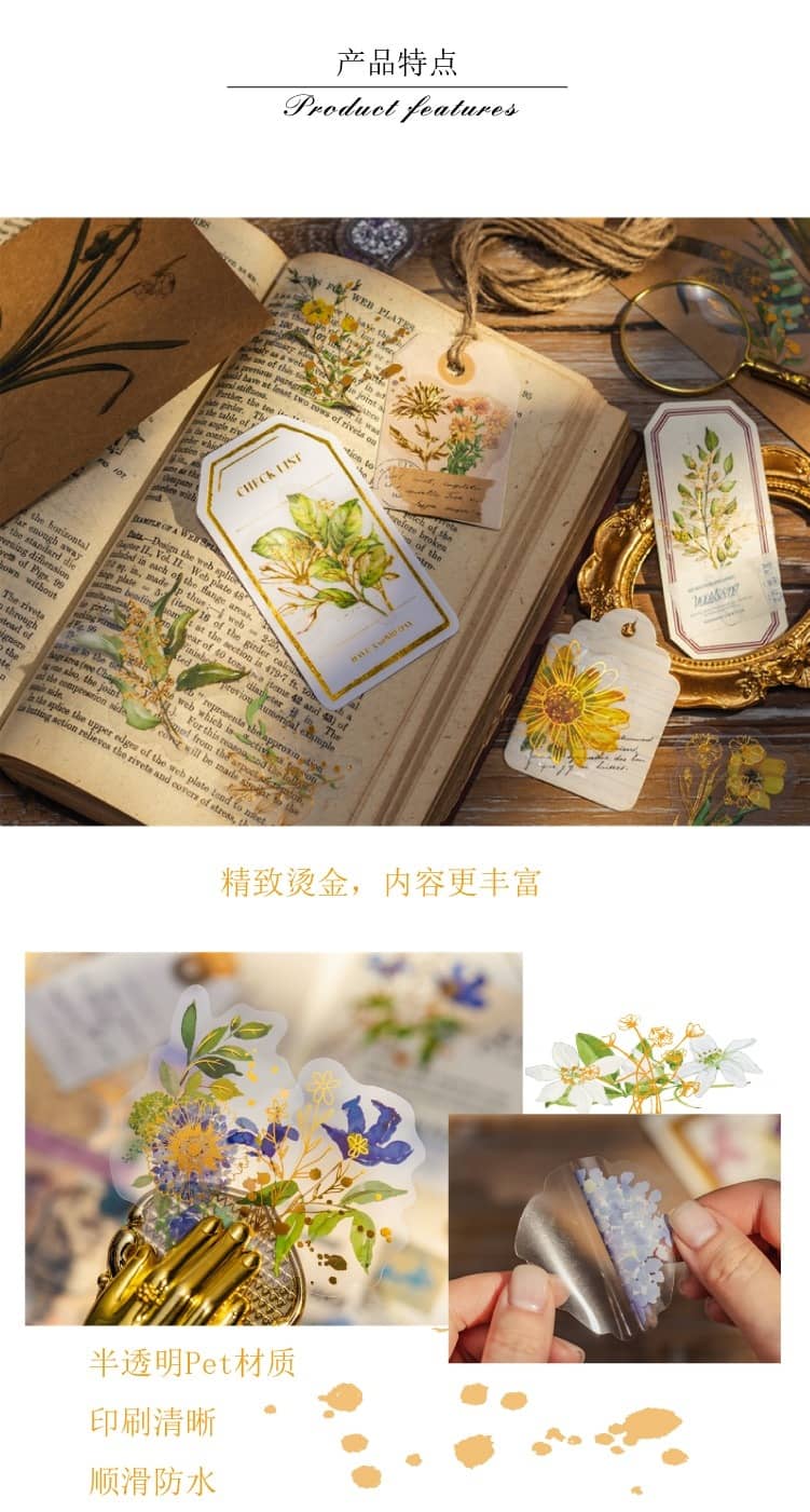 30 pcs/Pack Golden Outline Hand Painting Colorful Flowers Material Decoration Journal Households Stickers