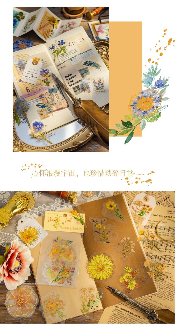 30 pcs/Pack Golden Outline Hand Painting Colorful Flowers Material Decoration Journal Households Stickers