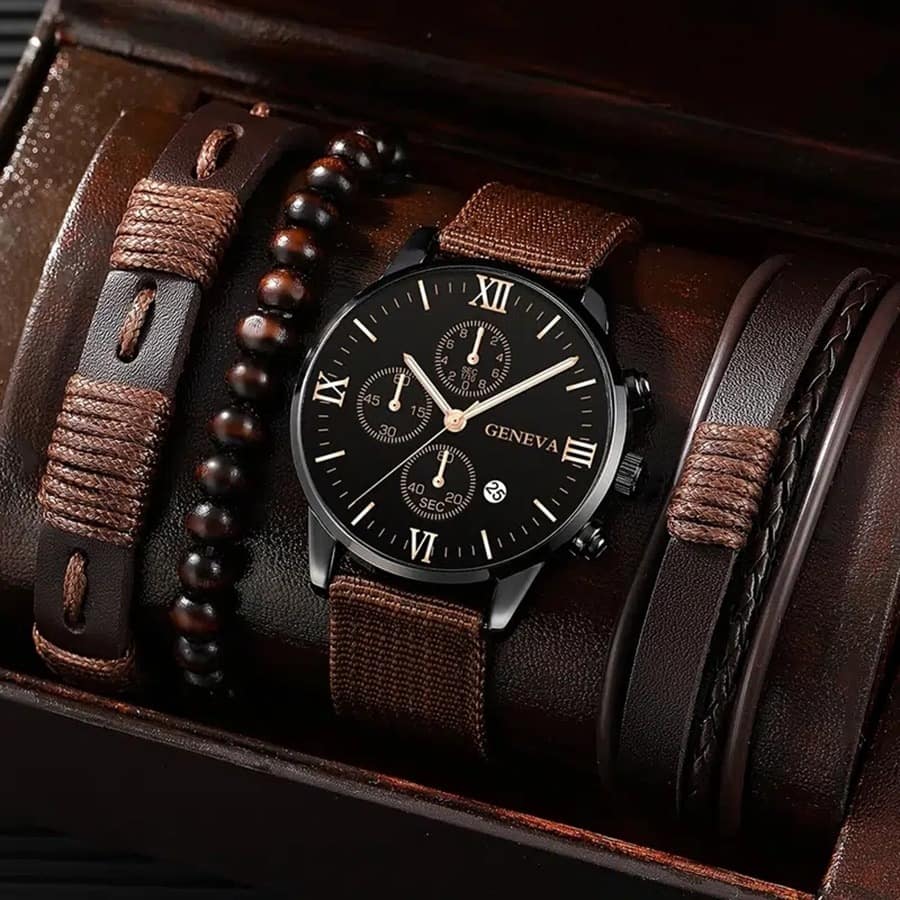 1pc Men Business Fashion Casual Round Pointer Calendar Quartz Watches 3pc Bracelet