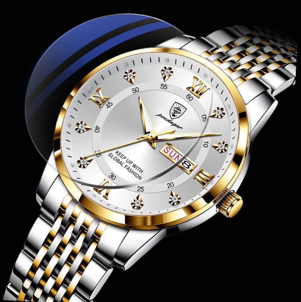 POEDAGAR Men Watch Stainless Steel Top Quailty Luxury Push Button Hidden Clasp Waterproof Luminous Date Week Sport Wrist Watches