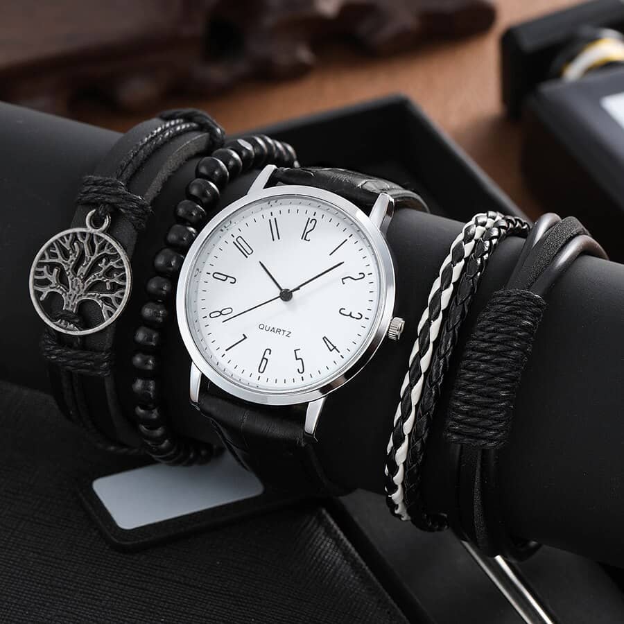 1pc Men Business Fashion Casual Round Pointer Quartz Watches 4pc Bracelet