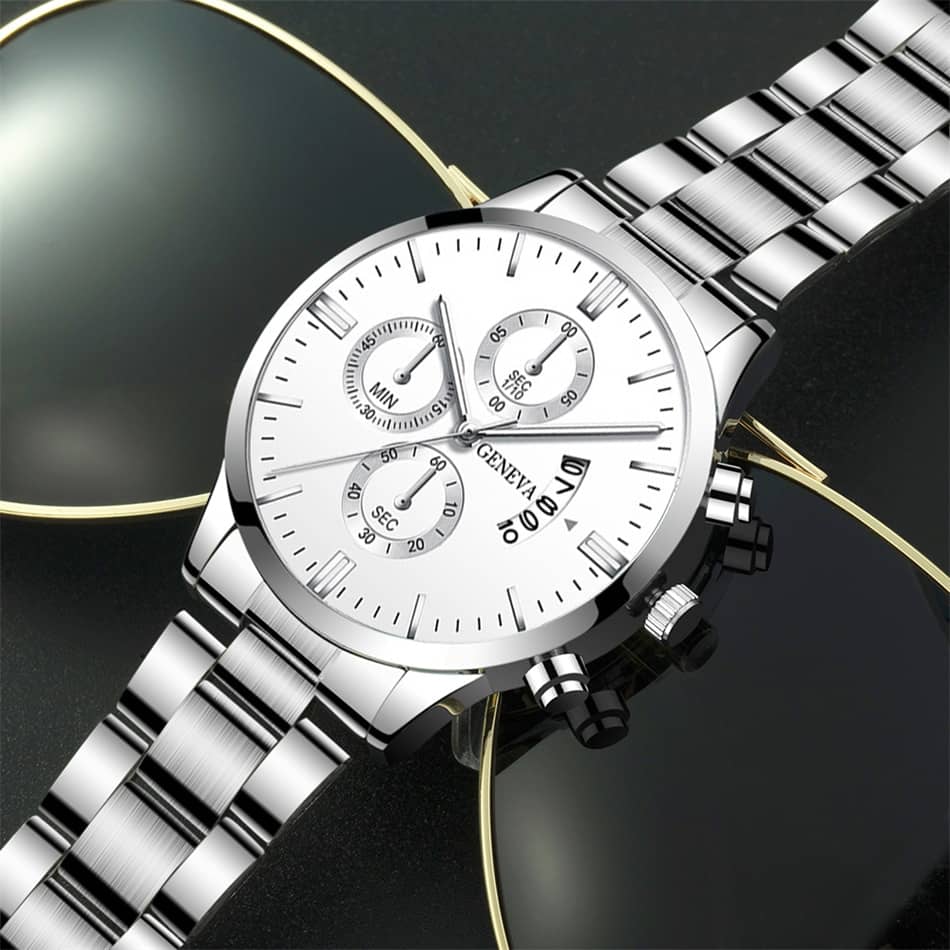 Fashion Mens Watches for MenLuxury Silver Stainless Steel Quartz Wrist Watch Man Business Calendar Watch